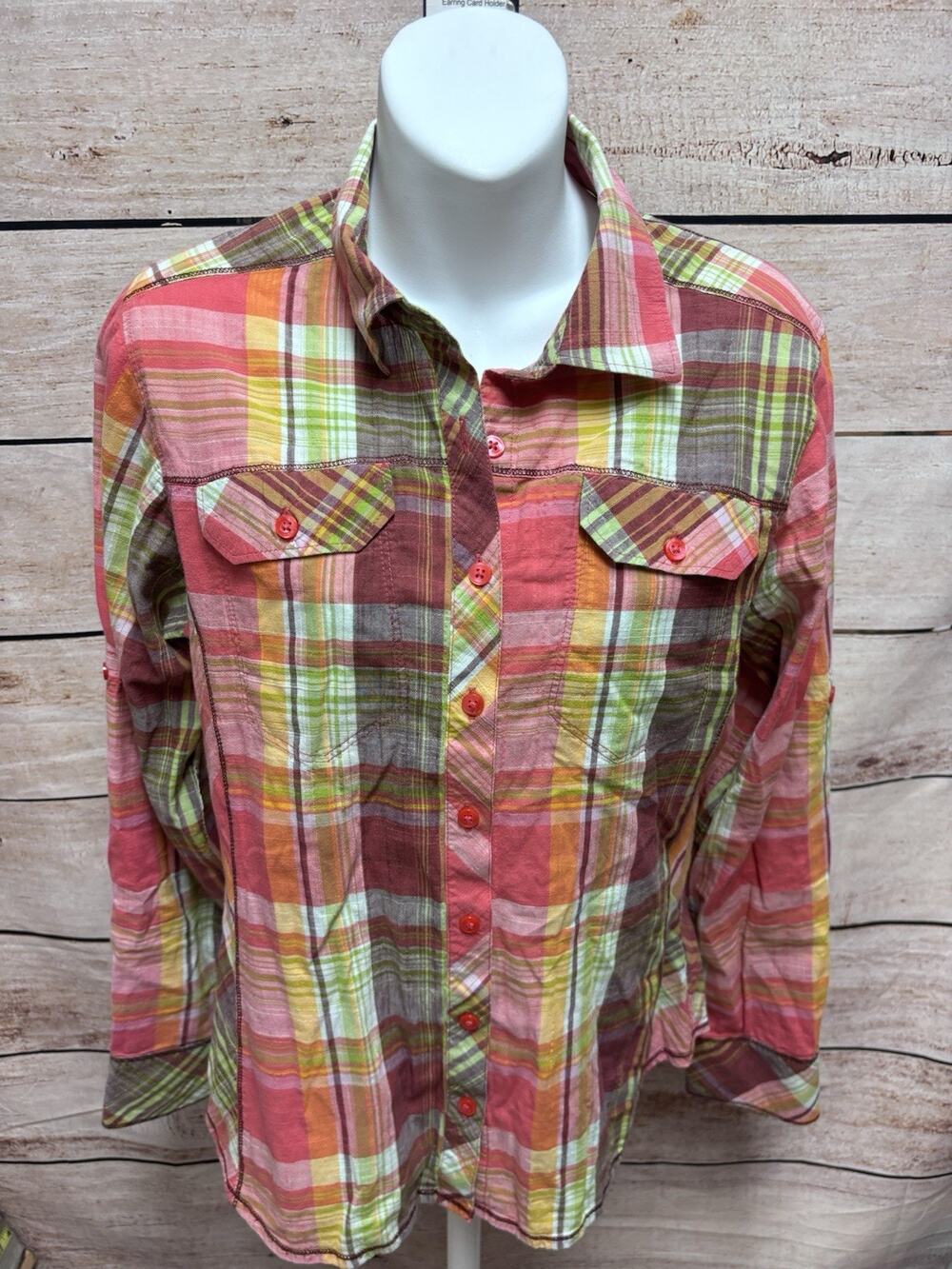 Columbia Womens M Plaid Button Up Shirt Long Sleeve Cotton Outdoor Hiking